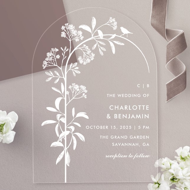 Modern White Bird Botanical Arch Wedding Acrylic Invitations (Creator Uploaded)