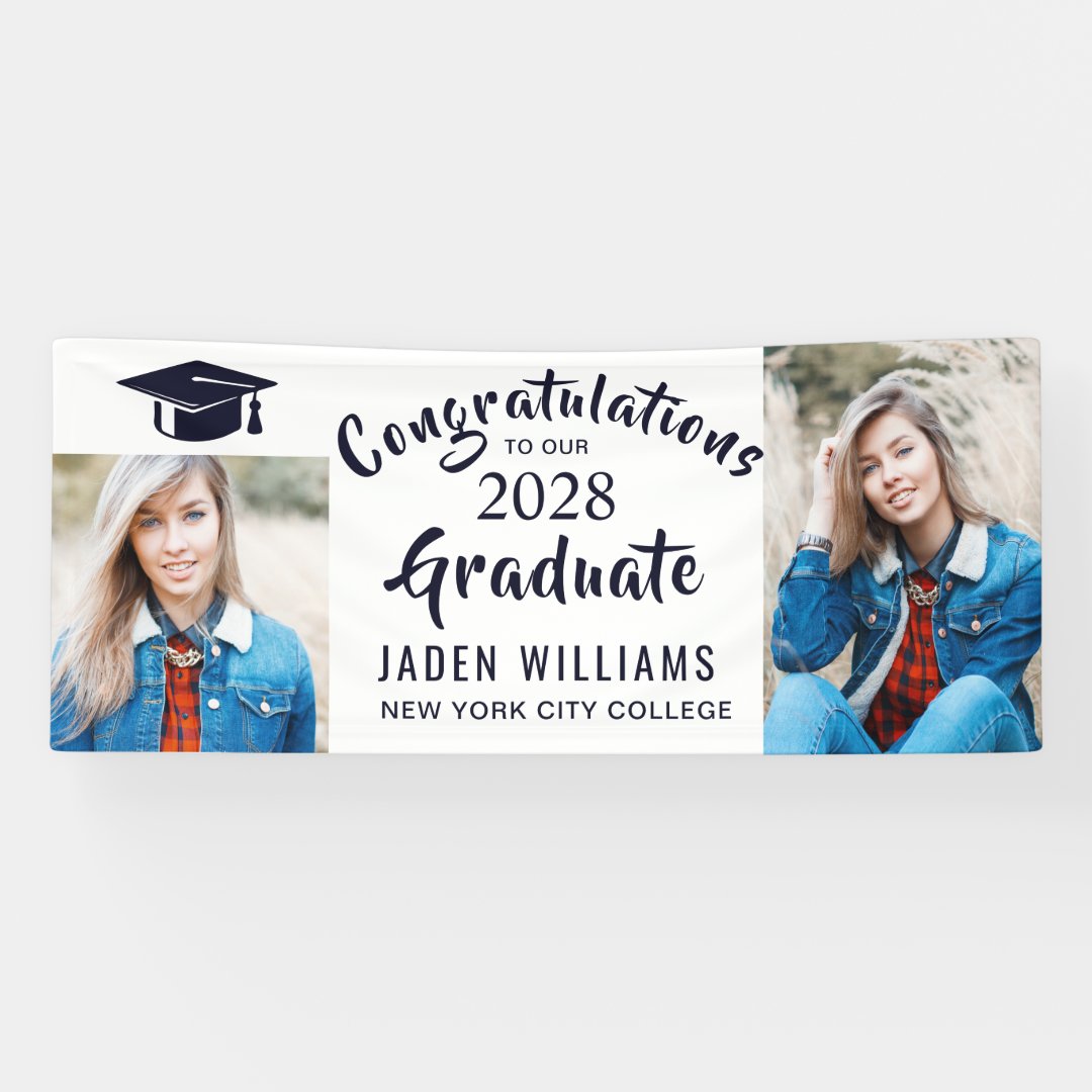 Modern White Black 2 PHOTO Graduation Banner | Zazzle