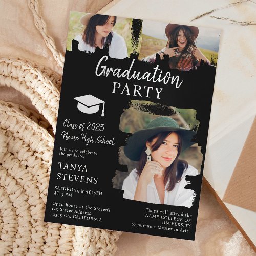 Modern white black Brushstroke 3 photos graduation Invitation