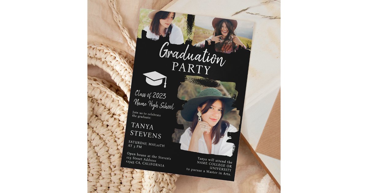 Modern white black Brushstroke 3 photos graduation Invitation | Zazzle