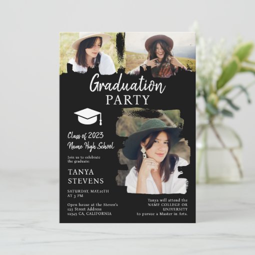 Modern white black Brushstroke 3 photos graduation Invitation | Zazzle