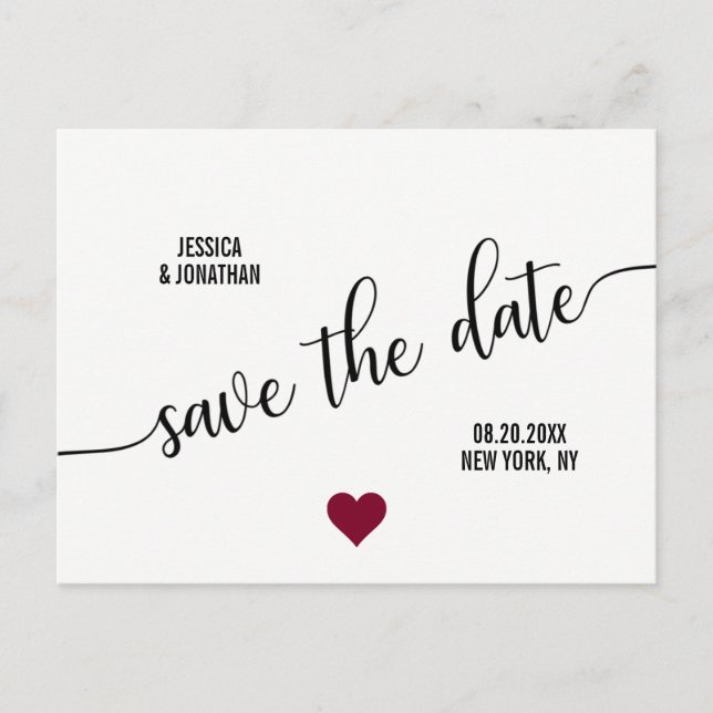 Modern White Black BURGUNDY Wedding SAVE THE DATE Announcement Postcard (Front)