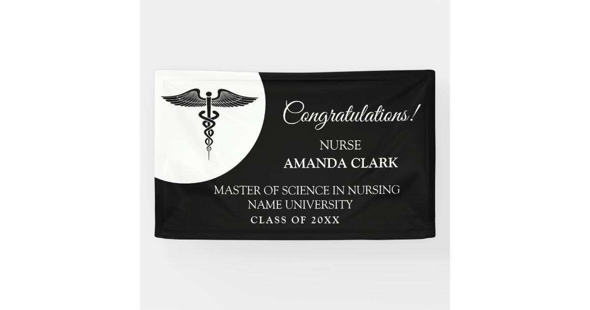Modern White & Black Caduceus Nurse Rn Graduation Banner | Zazzle