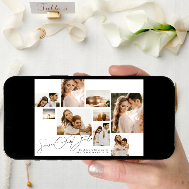 Modern White Black Collage 9 Multi Photo Save The Date (Front Digital)