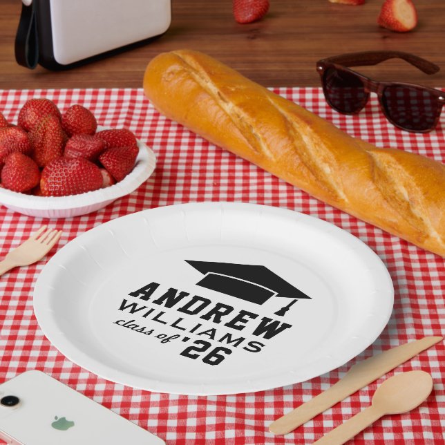 Modern White Black Custom Graduation Party Paper Plates (Picnic)