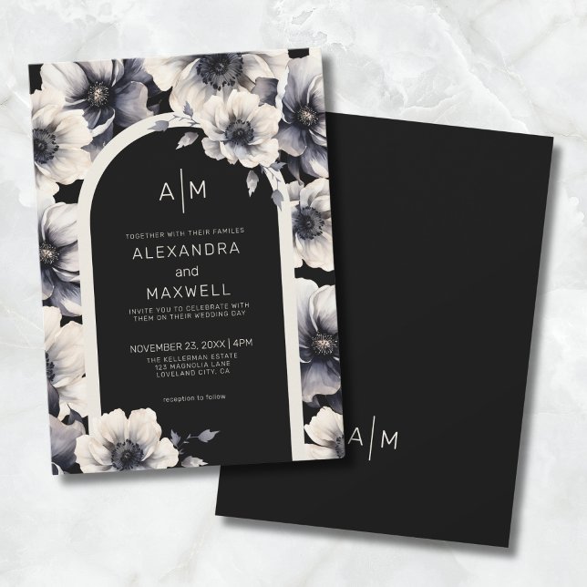 Modern White Black Floral Wedding Invitation (Modern Arch White Black Floral Wedding Invitation)