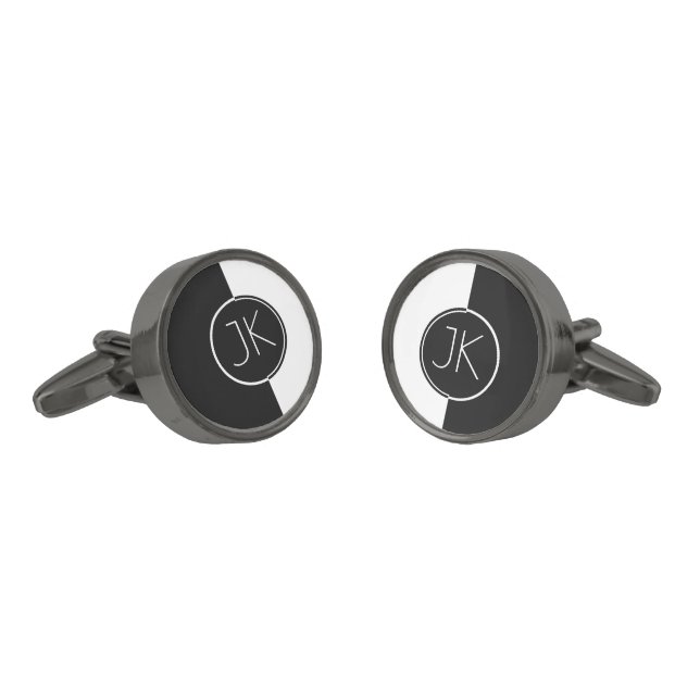 Modern White & Black Geometric Design Gunmetal Finish Cufflinks (Angled)