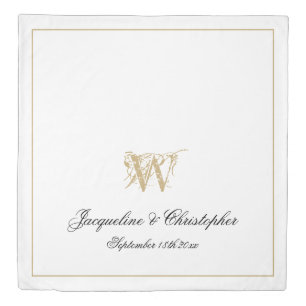 Modern White Black & Gold Monogram Names Wedding Duvet Cover