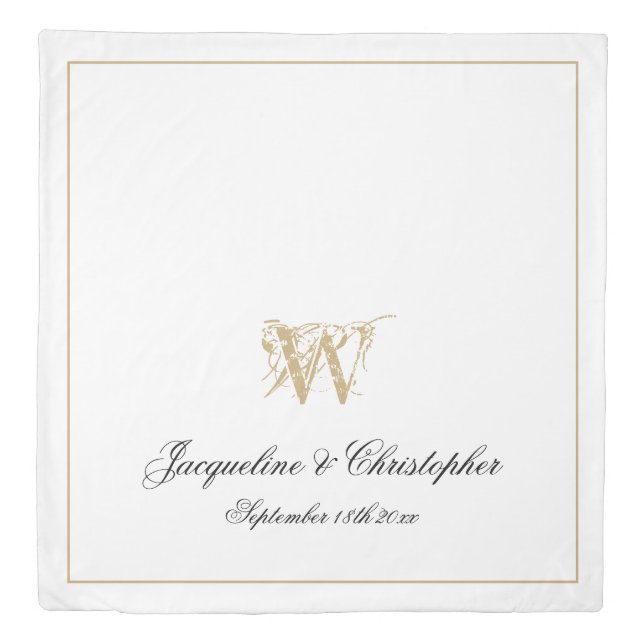 Modern White Black & Gold Monogram Names Wedding Duvet Cover (Front)