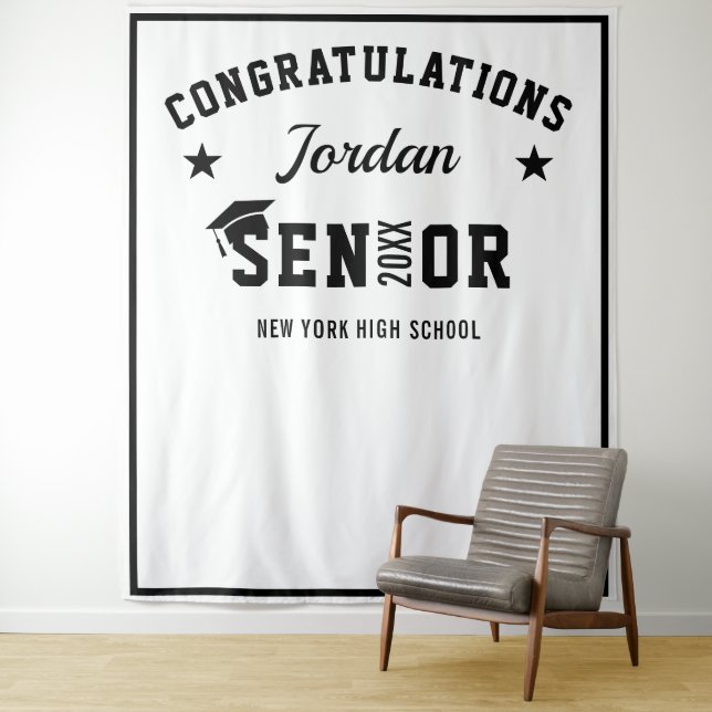Modern White Black Graduation Party Photo Backdrop (In Situ)