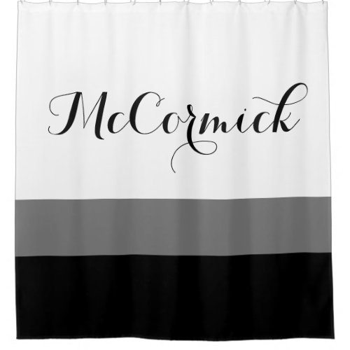 Modern White Black Grey Striped Monogram Script Shower Curtain