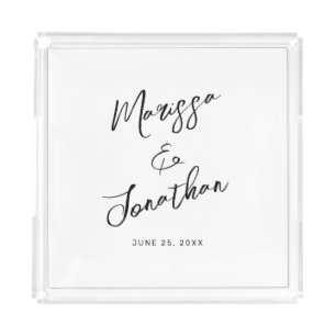 Modern White Black Hand Lettered Script Wedding Acrylic Tray