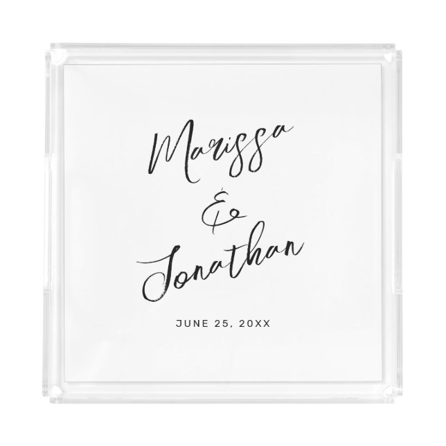 Modern White Black Hand Lettered Script Wedding Acrylic Tray (Front)