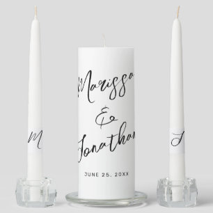 Modern White Black Hand Lettered Script Wedding Unity Candle Set