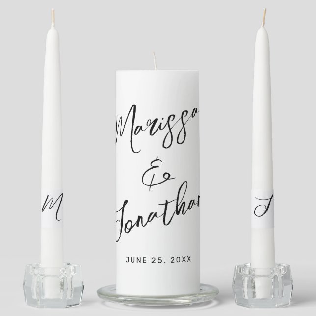 Modern White Black Hand Lettered Script Wedding Unity Candle Set (Front)