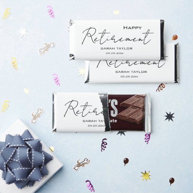 Modern White Black Happy Retirement Personalized  Hershey Bar Favors (Front)
