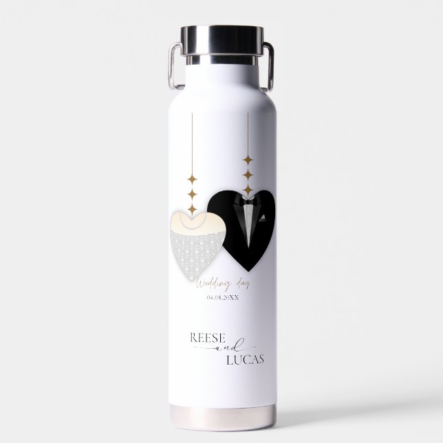Modern white black illustration wedding heart water bottle (Front)