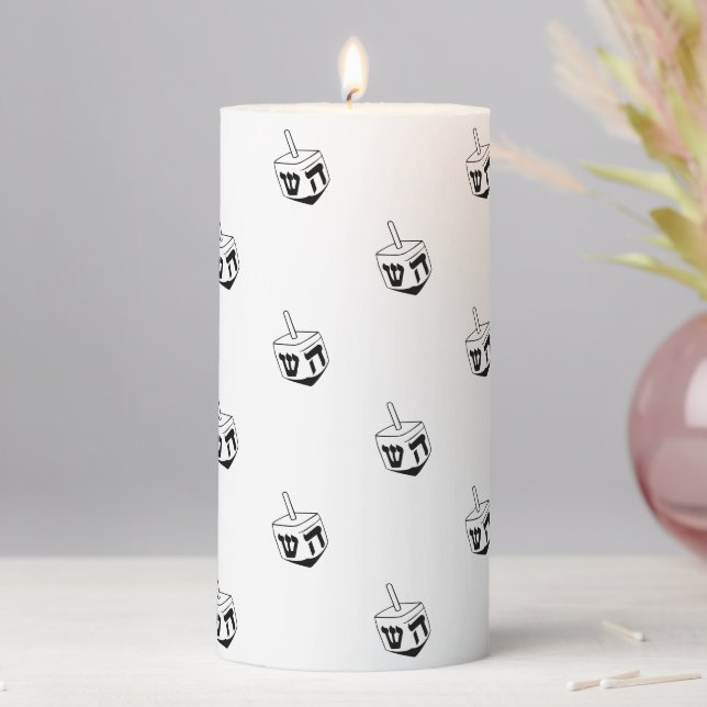 Modern white black jewish dreidel pattern Hanukkah Pillar Candle (In Situ)