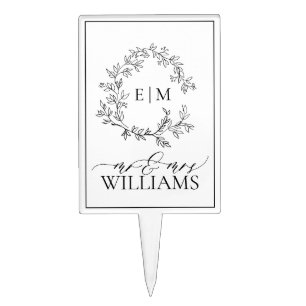 Modern White Black Leafy Crest Monogram Wedding Cake Topper