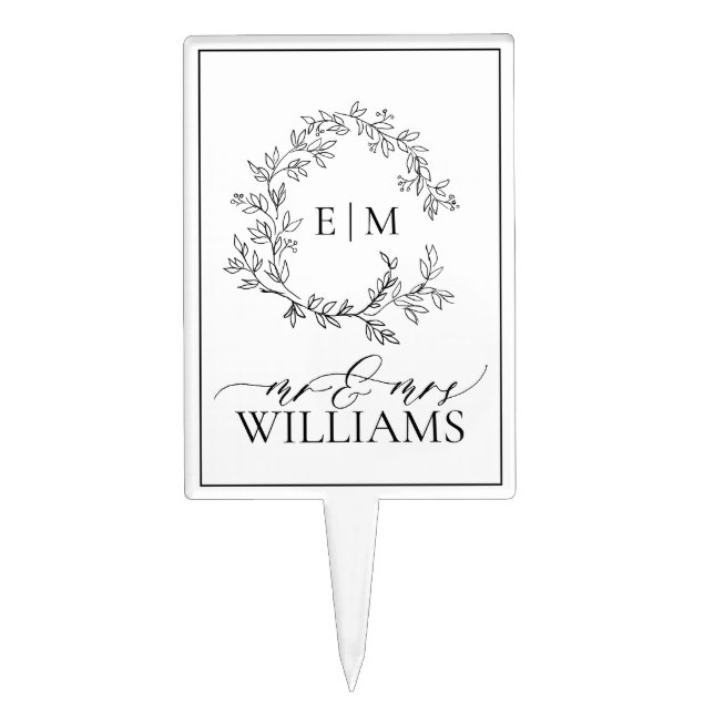Modern White Black Leafy Crest Monogram Wedding Cake Topper (Front)