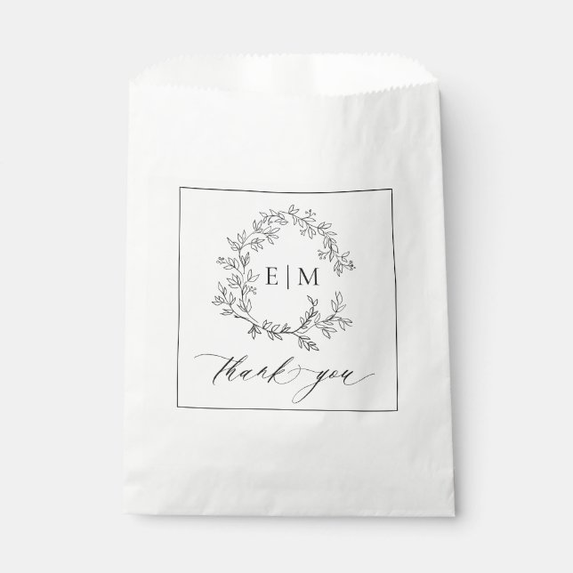 Modern White Black Leafy Crest Monogram Wedding Favor Bag (Front)