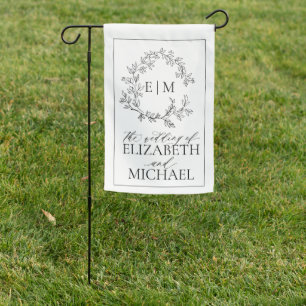 Modern White Black Leafy Crest Monogram Wedding Garden Flag