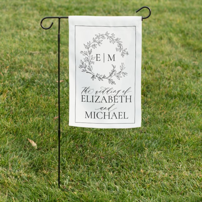 Modern White Black Leafy Crest Monogram Wedding Garden Flag (In SItu)