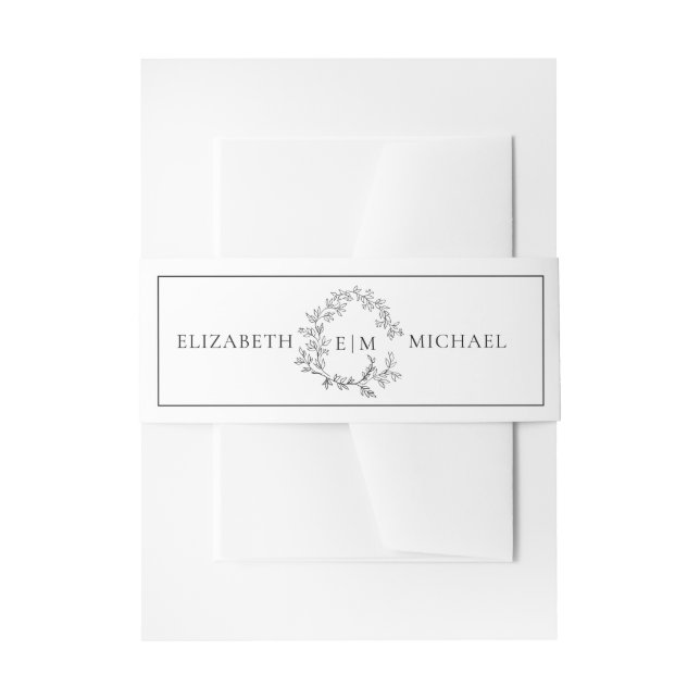 Modern White Black Leafy Crest Monogram Wedding Invitation Belly Band (Front Example)