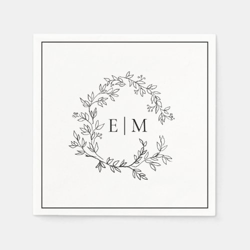 Modern White Black Leafy Crest Monogram Wedding Napkins