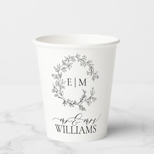 Modern White Black Leafy Crest Monogram Wedding Paper Cups