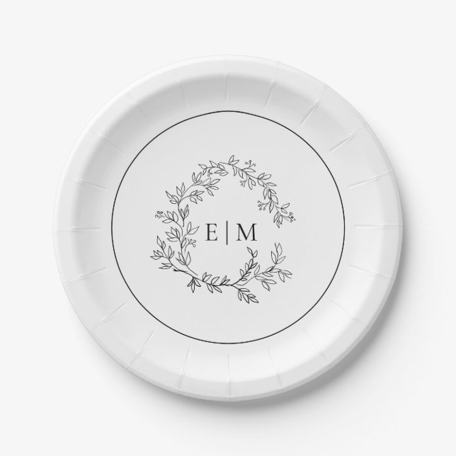 Modern White Black Leafy Crest Monogram Wedding Paper Plates (Front)