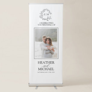 Modern White Black Leafy Crest Monogram Wedding Retractable Banner