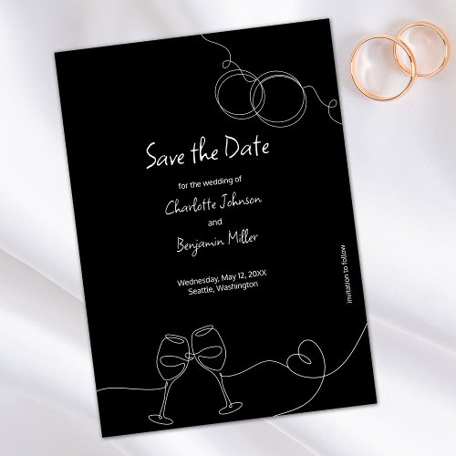 Modern White  Black Line Art Simple Wedding Save The Date