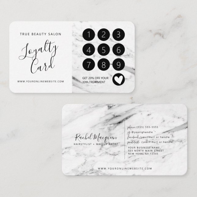 Modern White Black Marble Script Loyalty Card (Front/Back)
