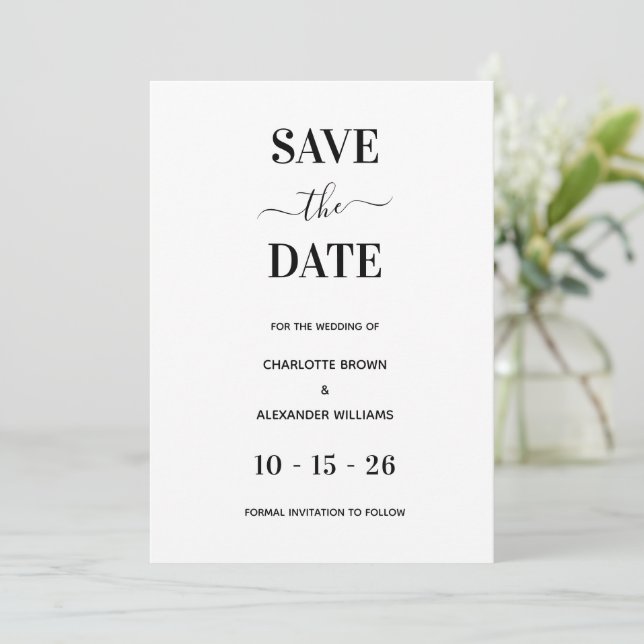 Modern White & Black Minimal Save The Date (Standing Front)