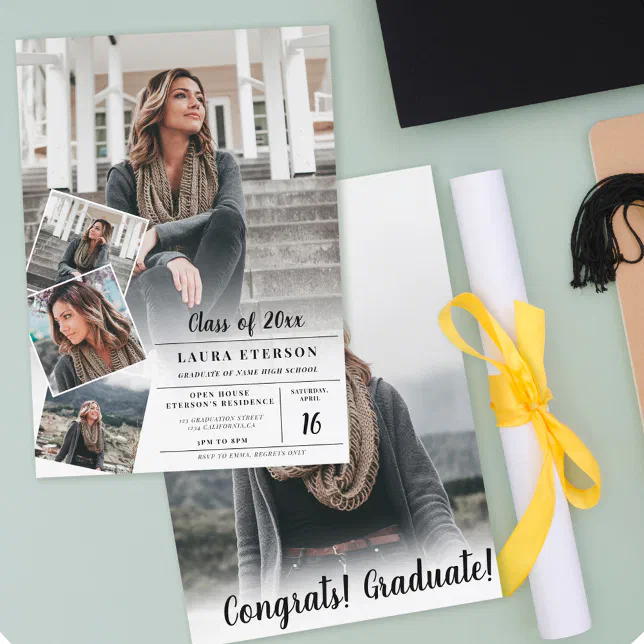 Modern white black minimalist photo graduation invitation | Zazzle