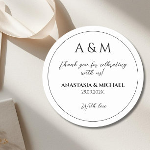Modern white black minimalist wedding classic round sticker