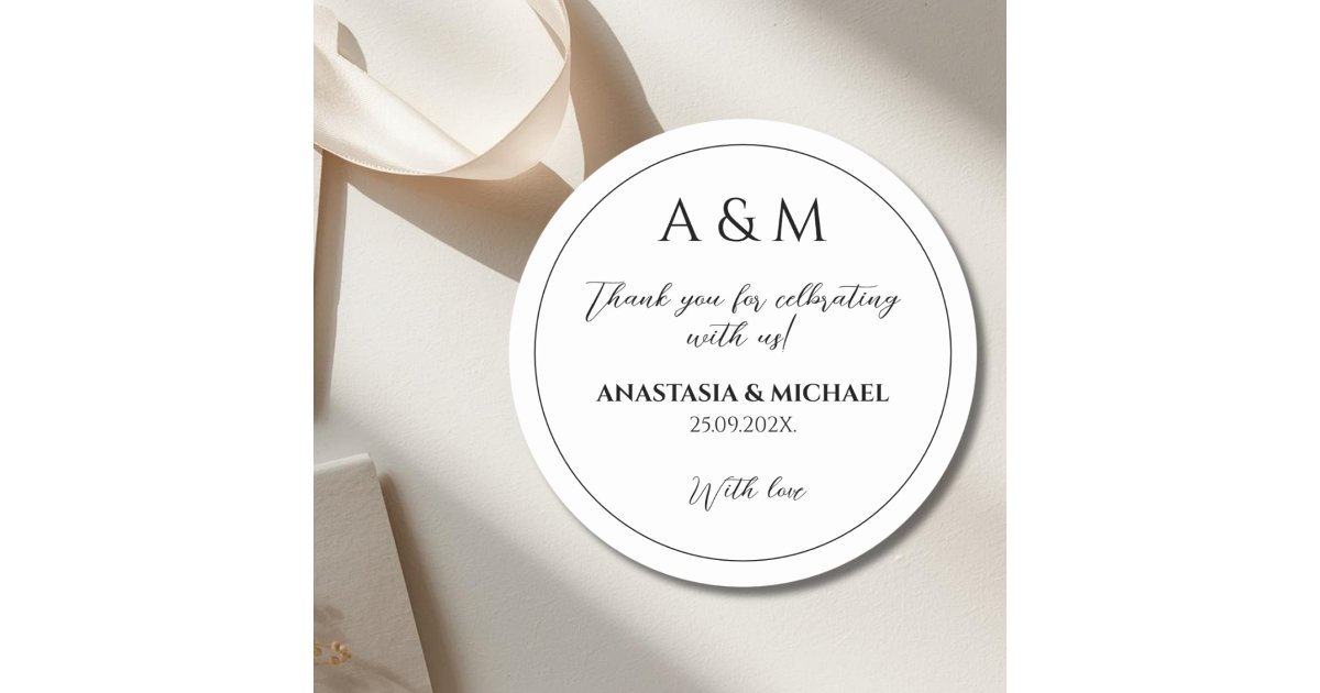 Modern white black minimalist wedding classic round sticker | Zazzle