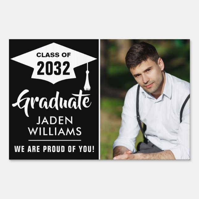 Modern White Black PHOTO Graduation Banner Yard Sign (Front)