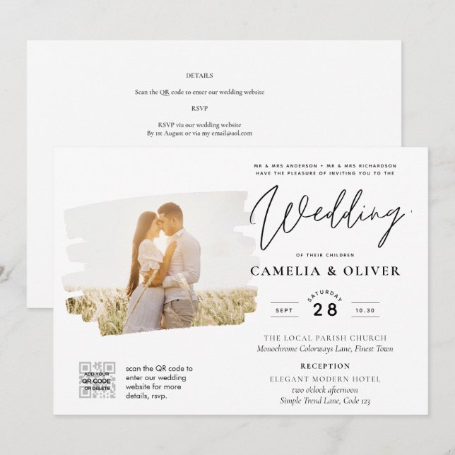 Modern White & Black PHOTO Wedding Invitation QR (Front/Back)