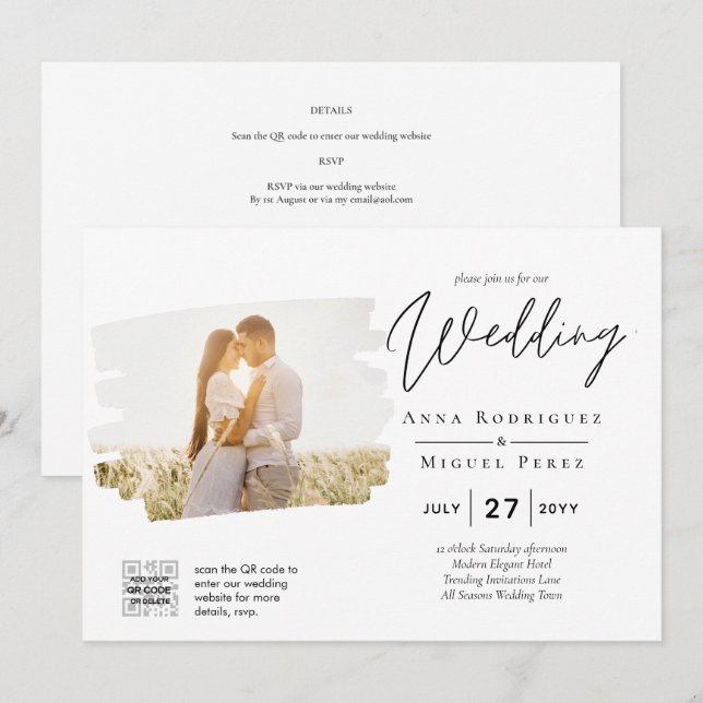 Modern White & Black PHOTO Wedding Invitation QR (Front/Back)