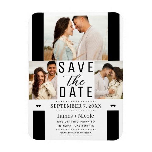 Modern White Black Save the Date 3 Photo Wedding  Magnet