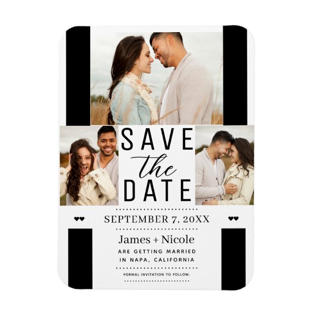 Modern White Black Save the Date 3 Photo Wedding  Magnet (Vertical)