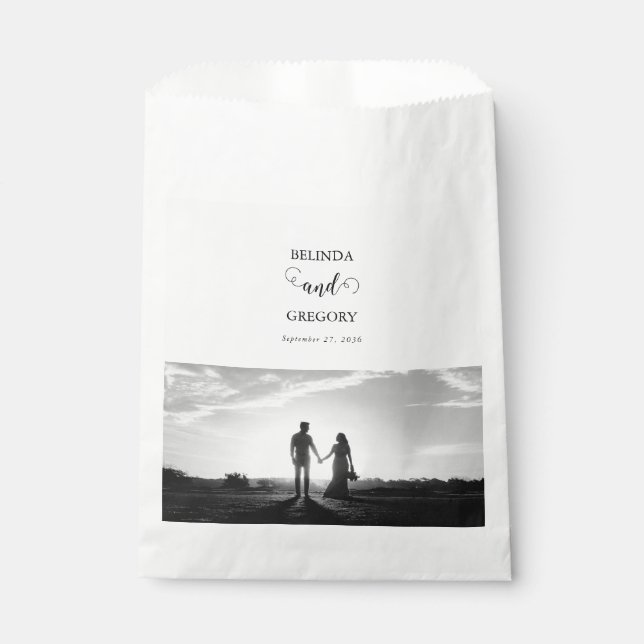 Modern White & Black Script Couple Photo Wedding Favor Bag (Front)