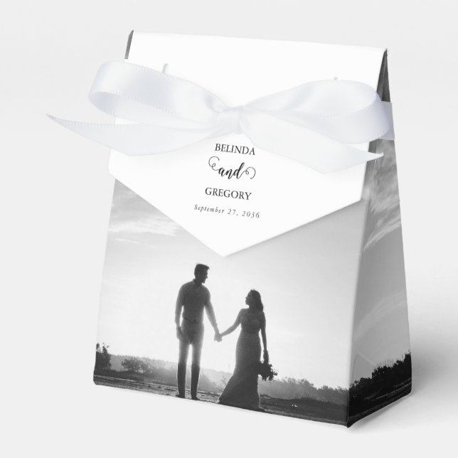 Modern White & Black Script Couple Photo Wedding  Favor Boxes (Front Side)