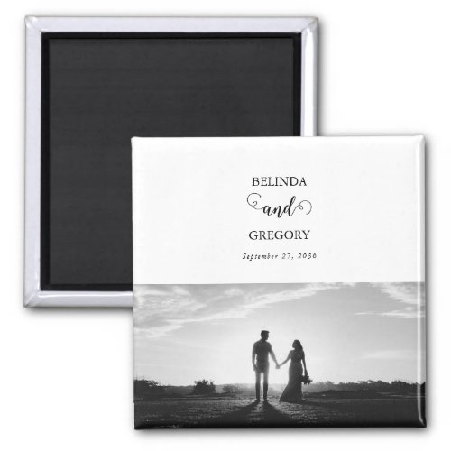 Modern White  Black Script Couple Photo Wedding  Magnet
