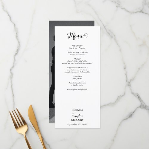 Modern White  Black Script Couple Photo Wedding Menu