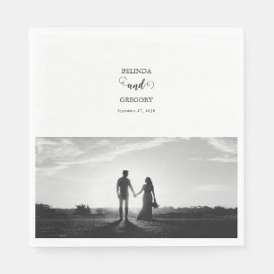 Modern White & Black Script Couple Photo Wedding Napkins