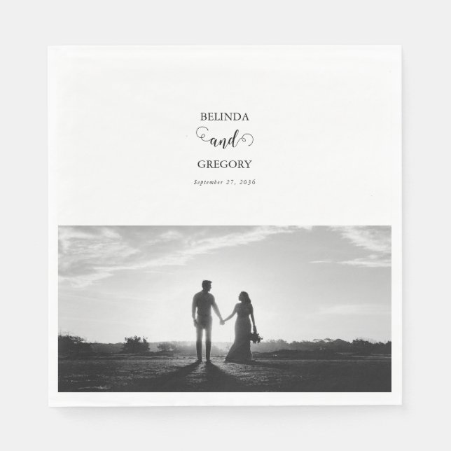 Modern White & Black Script Couple Photo Wedding Napkins (Front)