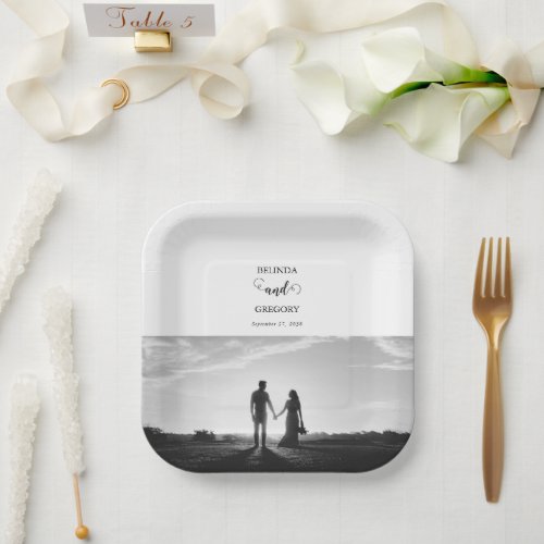 Modern White  Black Script Couple Photo Wedding Paper Plates